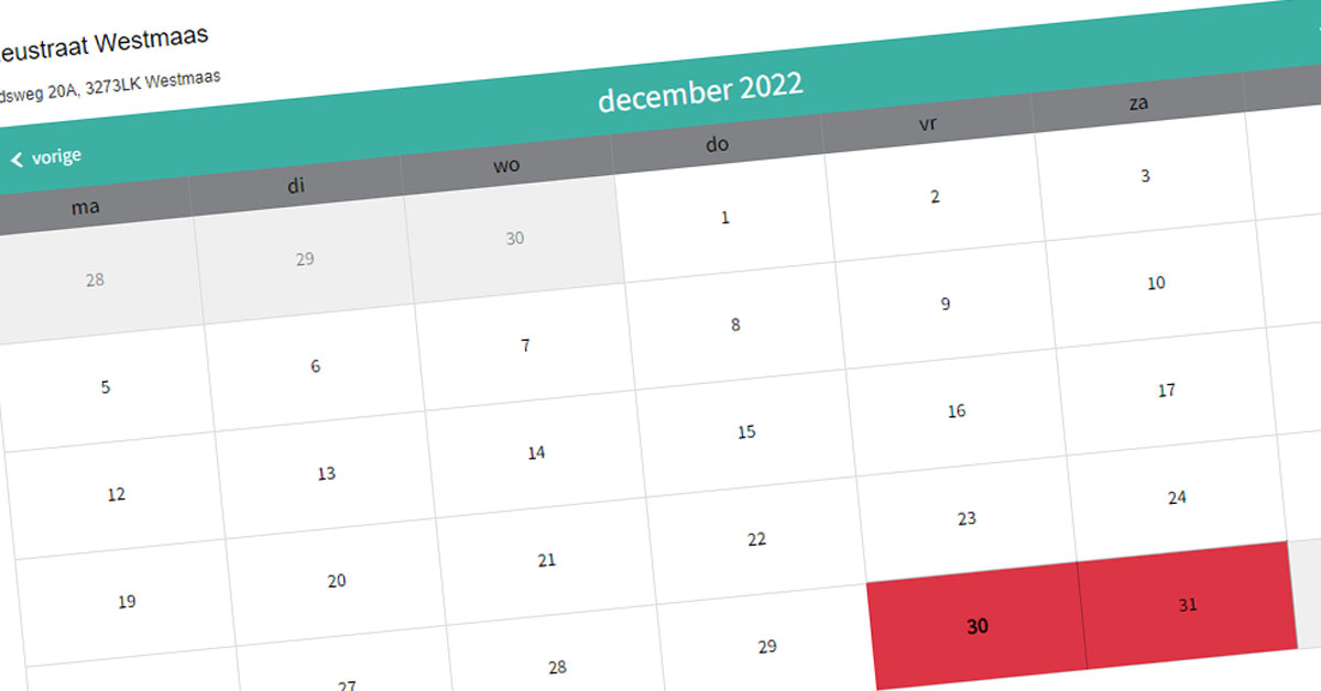 screenshot van agenda milieustraat Westmaas met daarop 30 en 31 december rood gekleurd