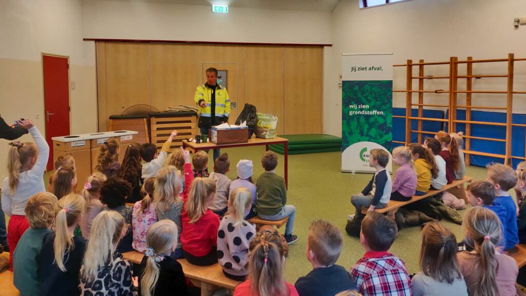 RAD-medewerker geeft een les over (zwerf)afval voor een basisschoolklas.